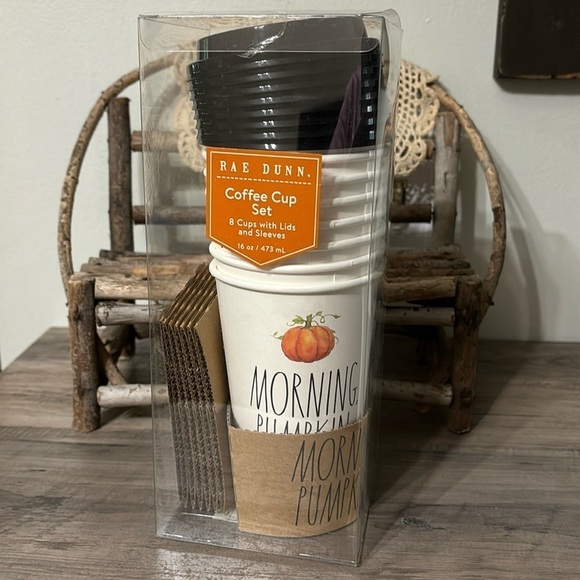 NEW RAE DUNN MORNING PUMPKIN DISPOSABLE COFFEE CUPS WITH LIDS AND SLEEVES SET/8 - Picture 1 of 6